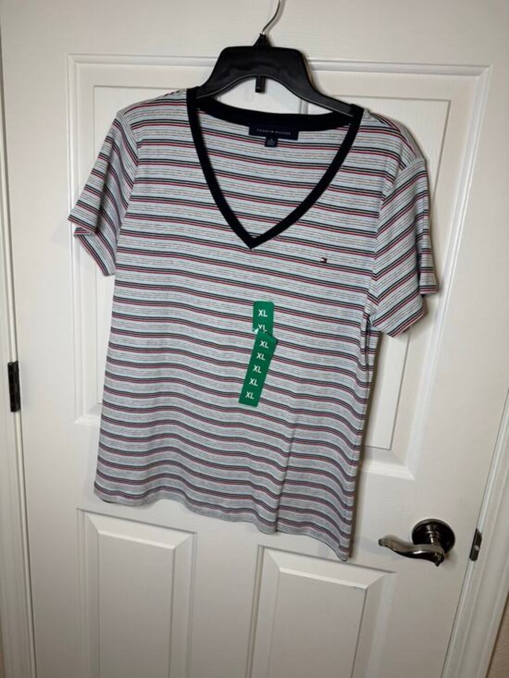 Tommy Hilfiger New Women's V-neck Cotton Stripe Red Blue T-shirt XL